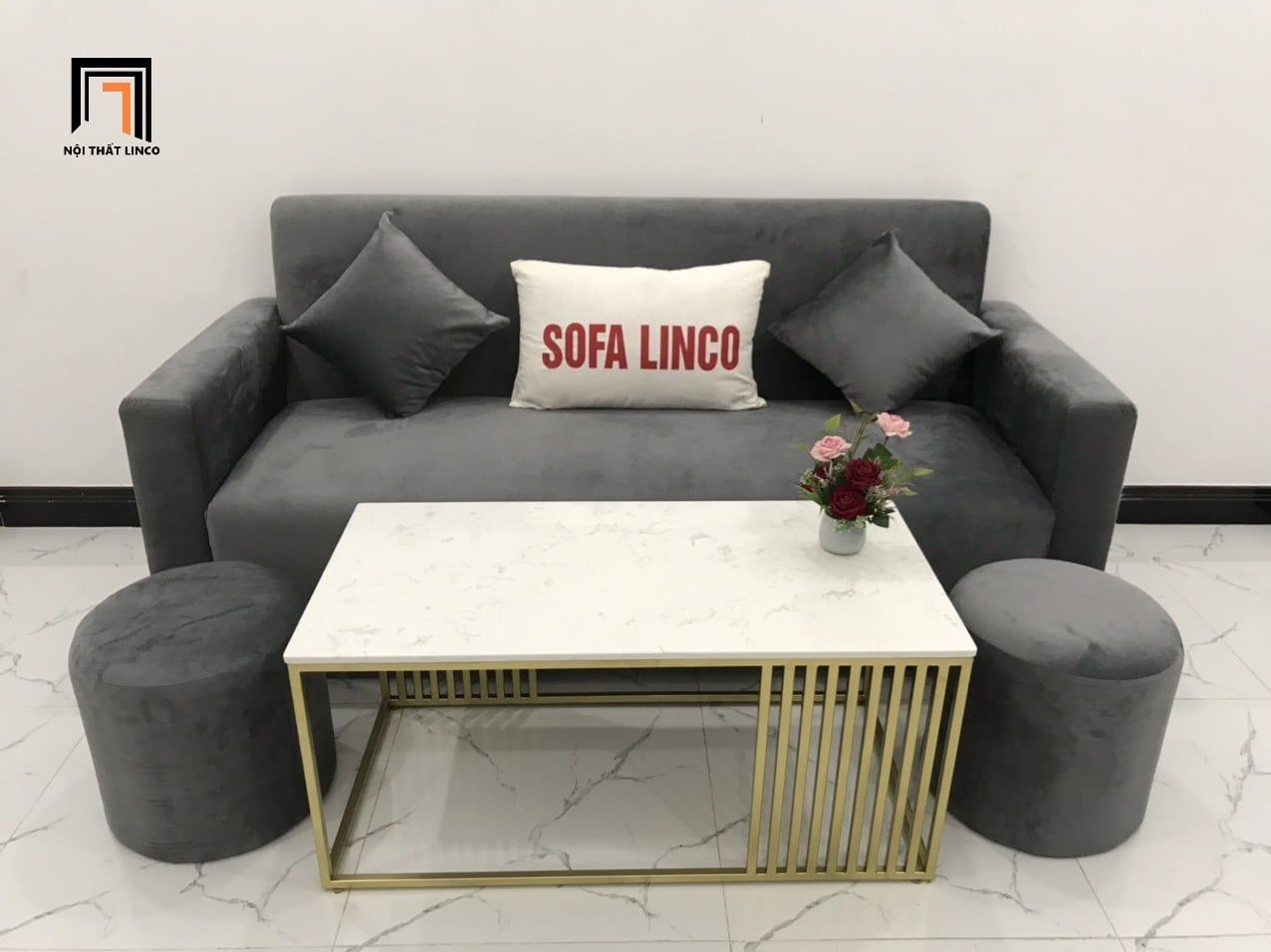 Bộ ghế sofa băng dài 1m9 BL4 Pakita vải nhung màu xám đen 