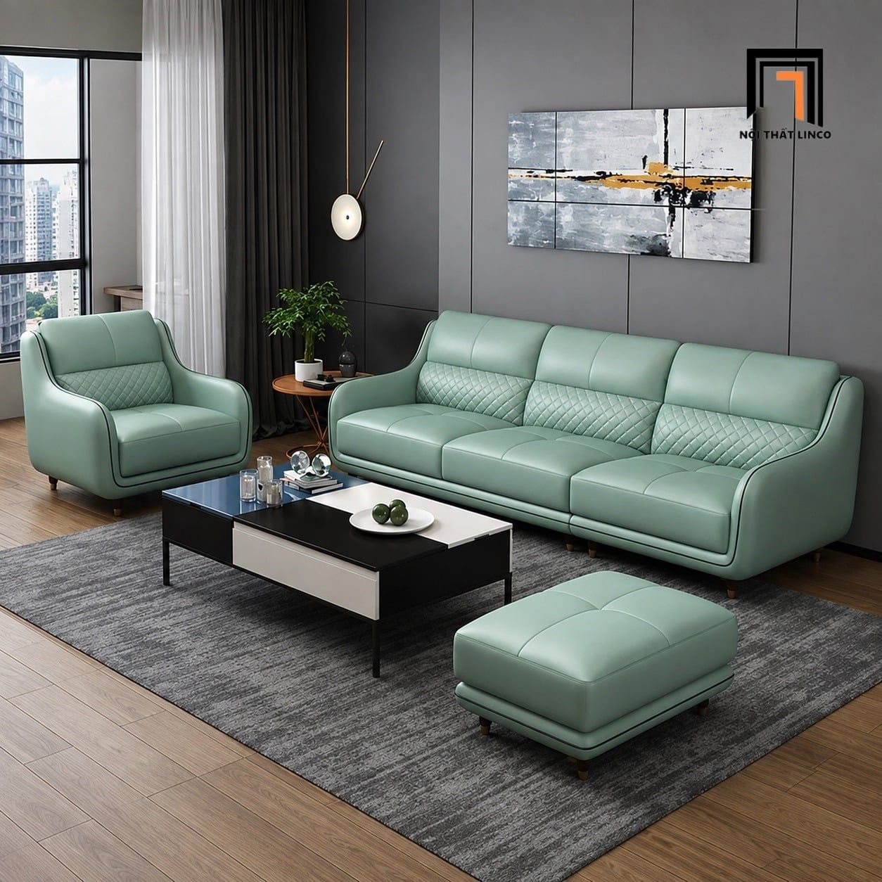  Sofa phòng khách KT66 Mannon da giả thanh lịch hiện đại 