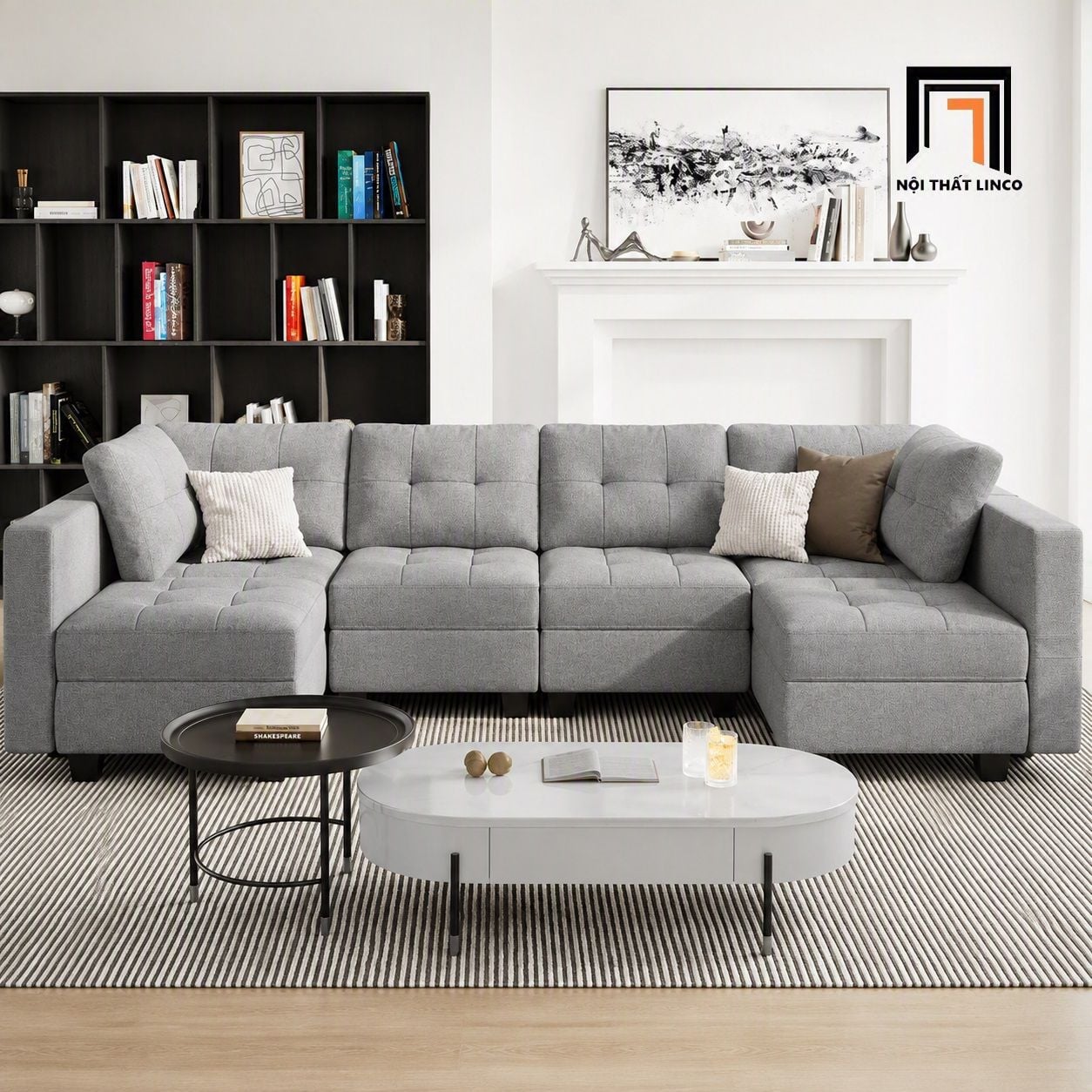  Bộ ghế sofa U vải nỉ xám trắng UT12 Teangela dài 3m gia đình 