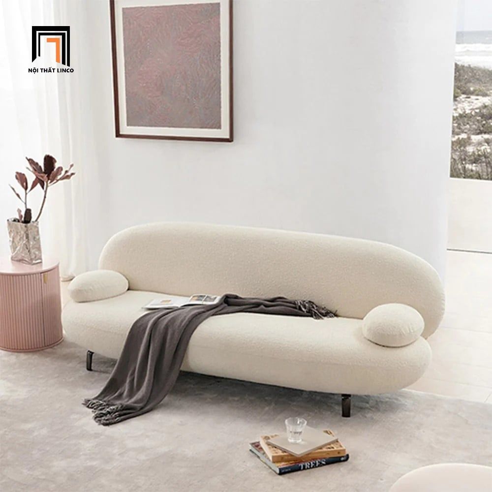  Bộ ghế sofa cong vải lông cừu đẹp KT56 Nina màu trắng kem 