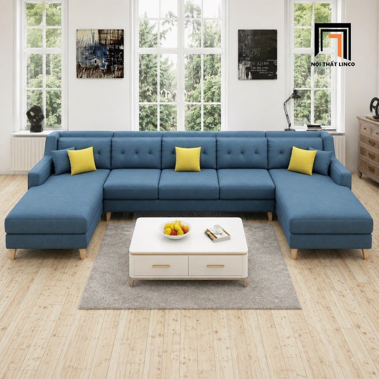  Ghế sofa chữ U UT90 Firmini 3m2 vải bố xanh dương giá rẻ 