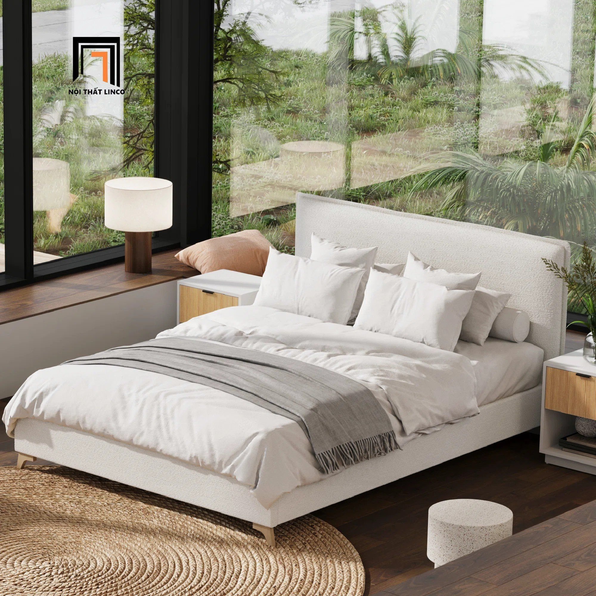  Giường ngủ bọc vải GN112 Bowsmen xám trắng cho chung cư 