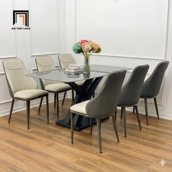 bàn ăn đá ceramic 6 ghế bọc da