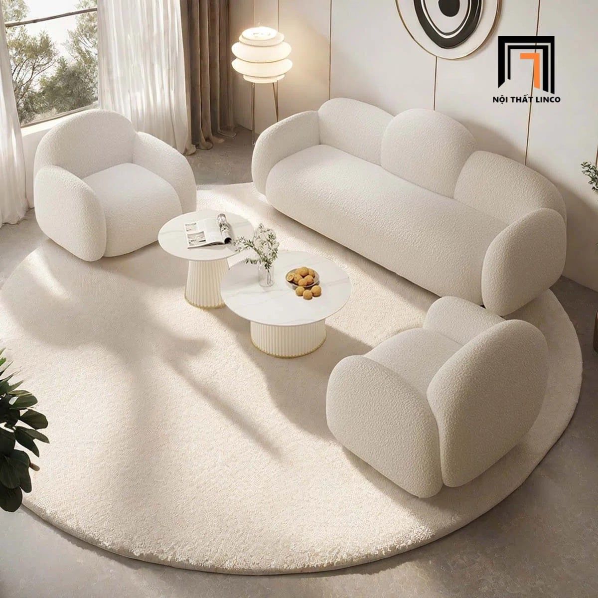  Sofa phòng khách KT87 Tormeau vải lông cừu trắng tinh tế 