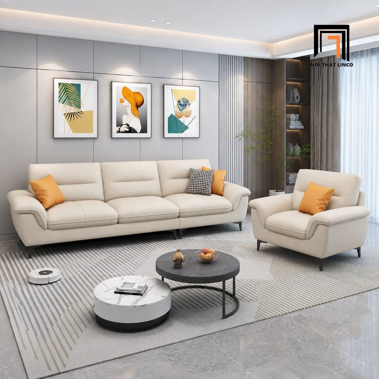  Sofa phòng khách KT174 Solyn màu trắng kem đẹp tinh tế 