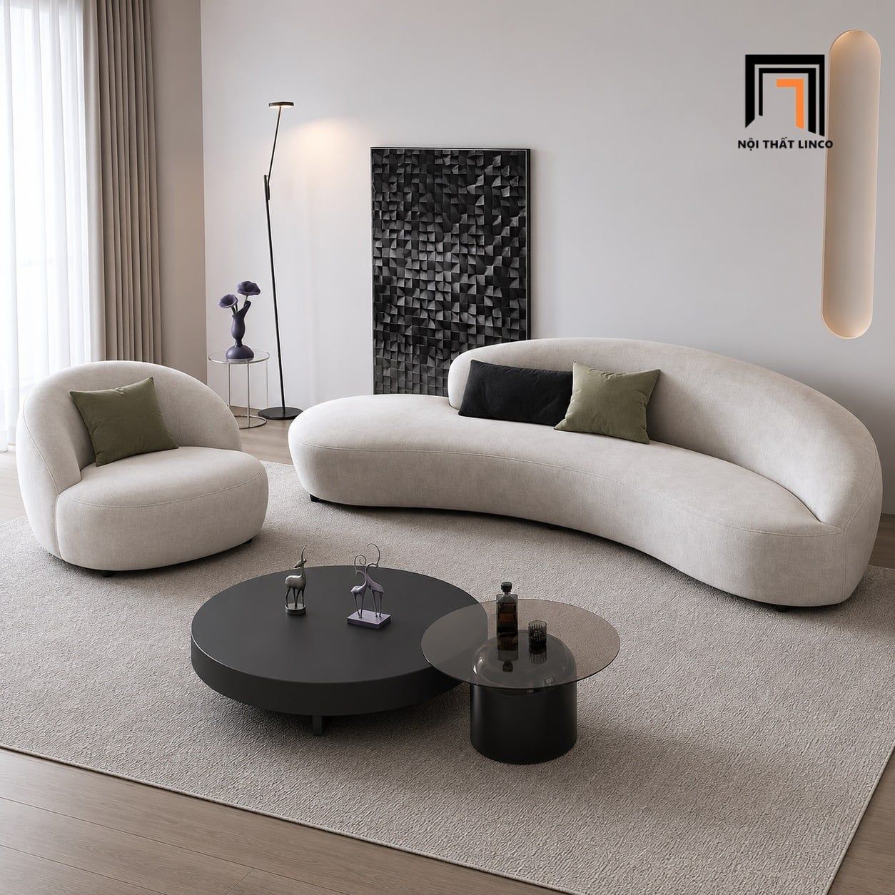  Bộ sofa cong KT180 Cruces vải nhung xám trắng hiện đại 