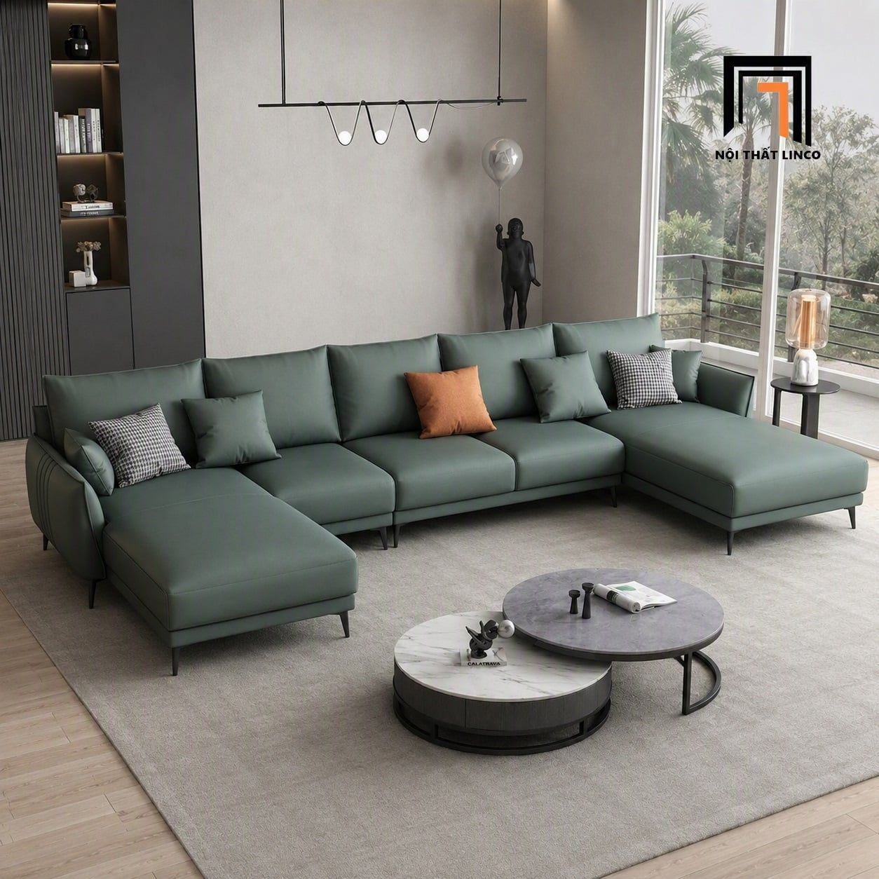 Sofa U xanh lá UT82 Noha dài 3m4 bọc da phong cách hiện đại 