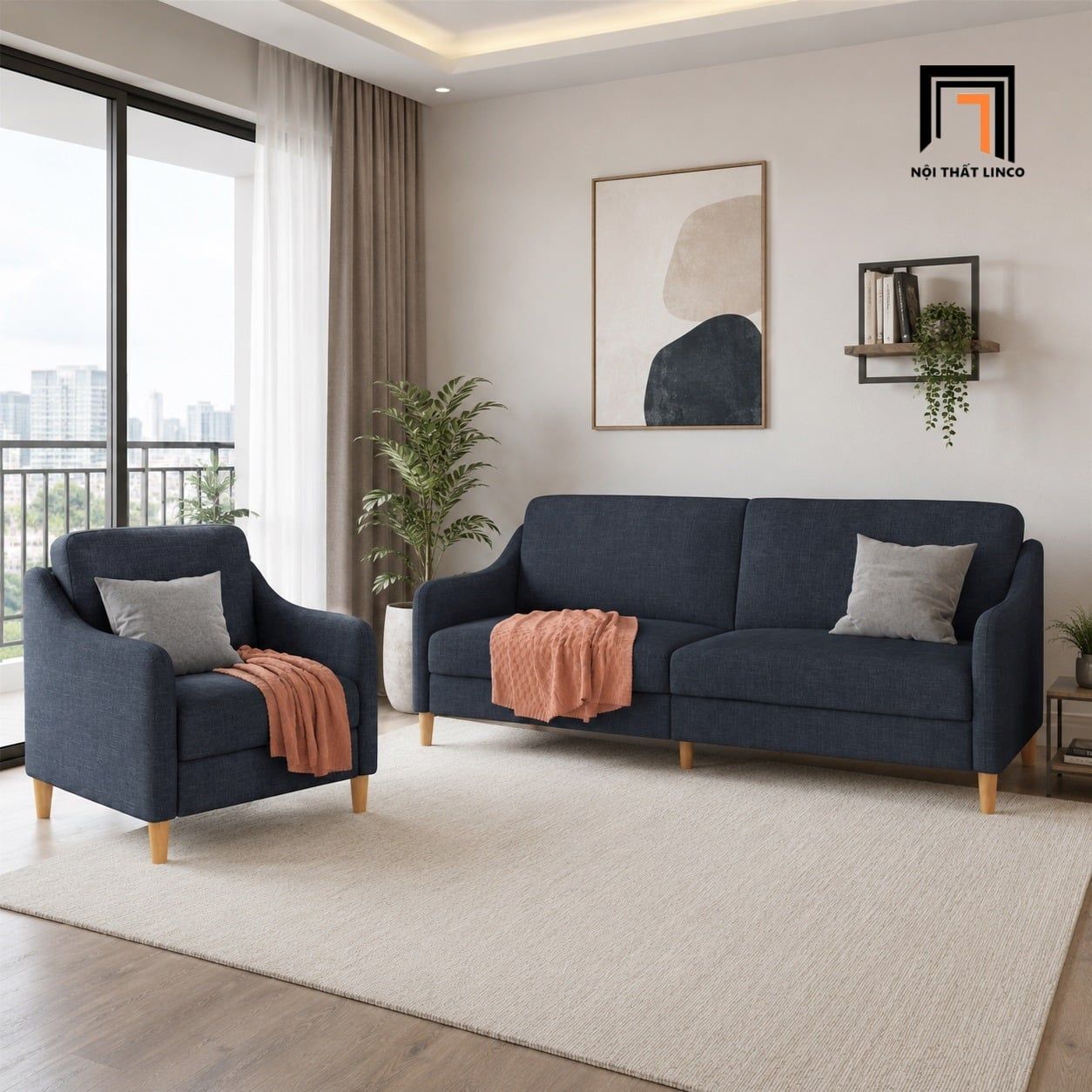  Sofa chung cư KT189 Jasper vải bố xám đen đẹp tinh tế 