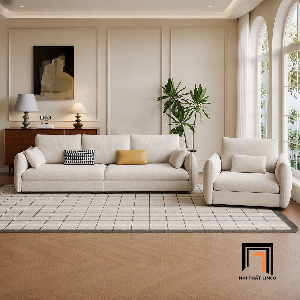  Set 2 ghế sofa phòng khách KT150 Lacon vải nỉ mềm trắng kem 