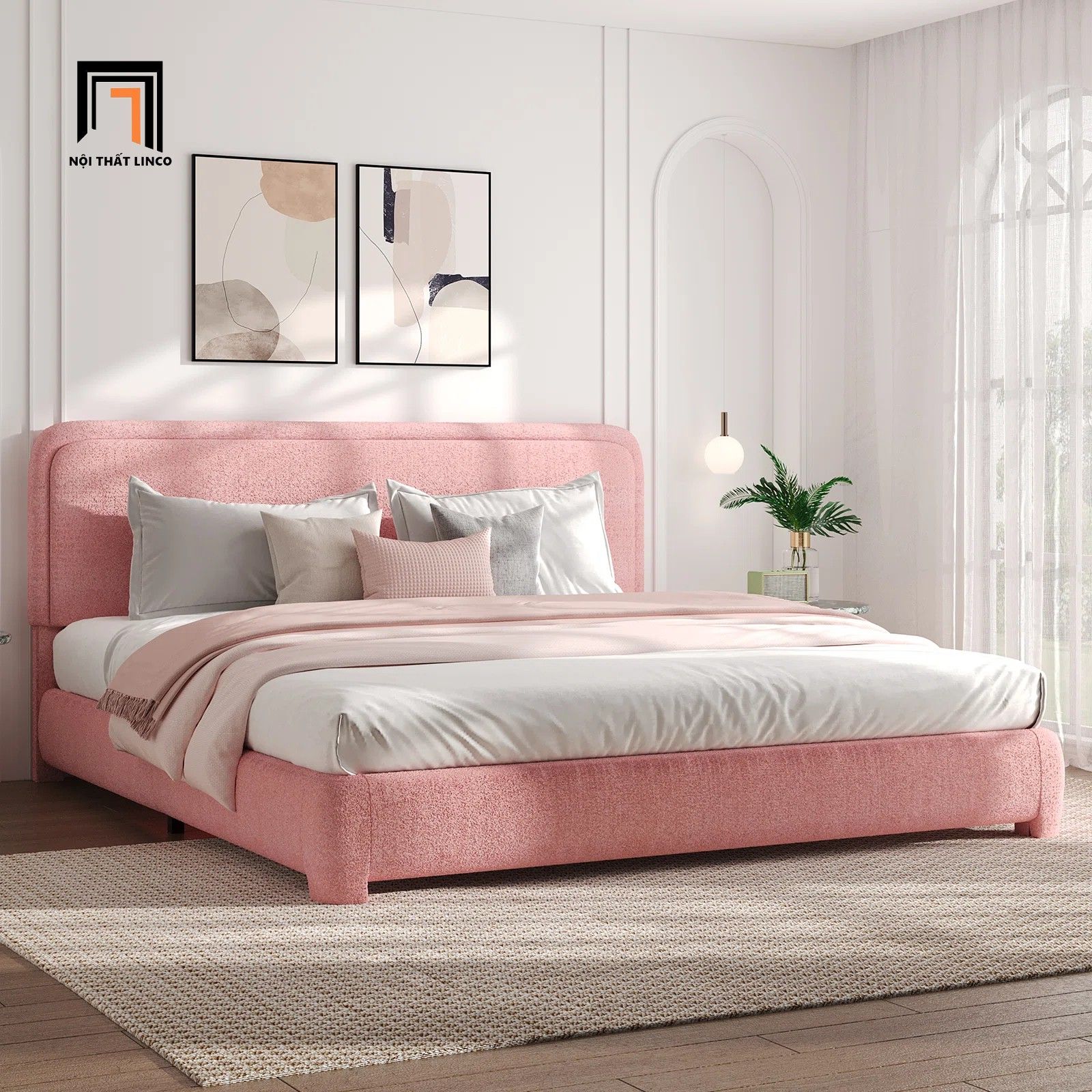  Giường ngủ vải nỉ màu hồng GN89 Mistam xinh xắn cho gia đình 