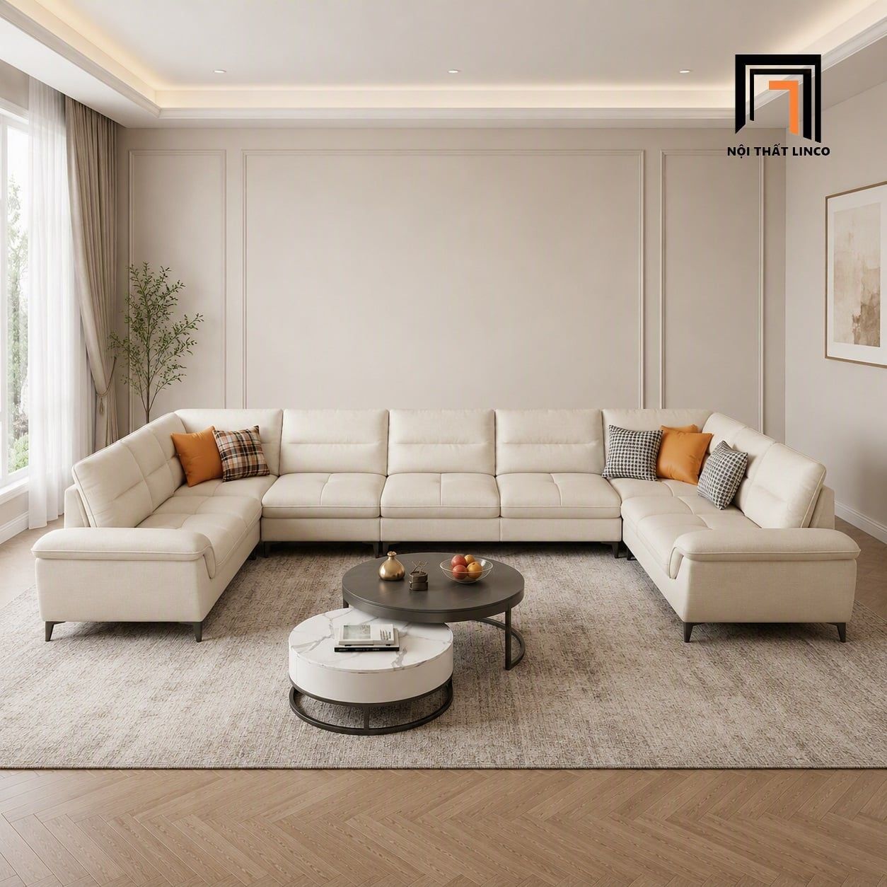  Bộ sofa U vải nỉ UT85 Solyn 3m4 màu trắng kem hiện đại 