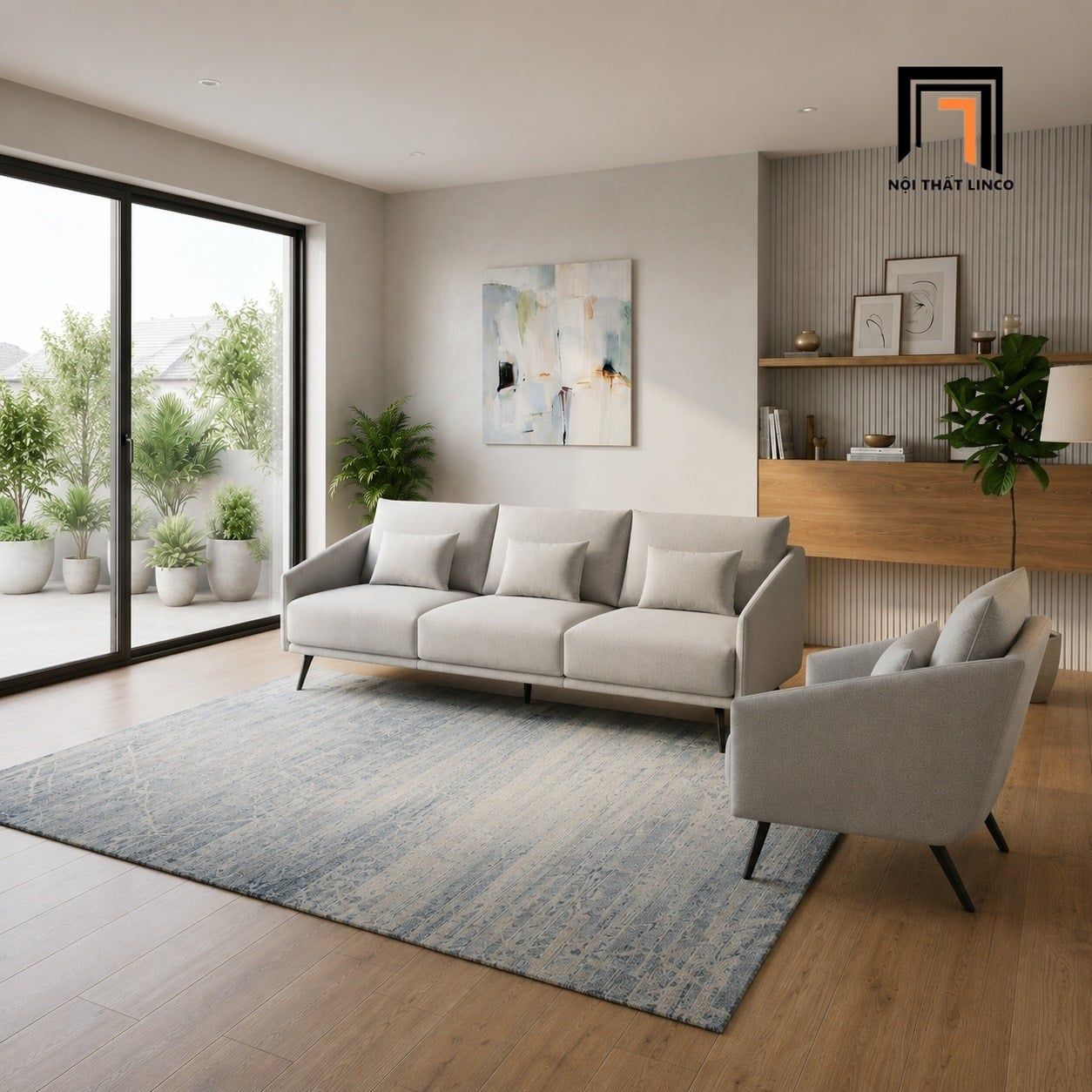  Sofa phòng khách KT156 Convey vải nỉ xám trắng sang trọng 