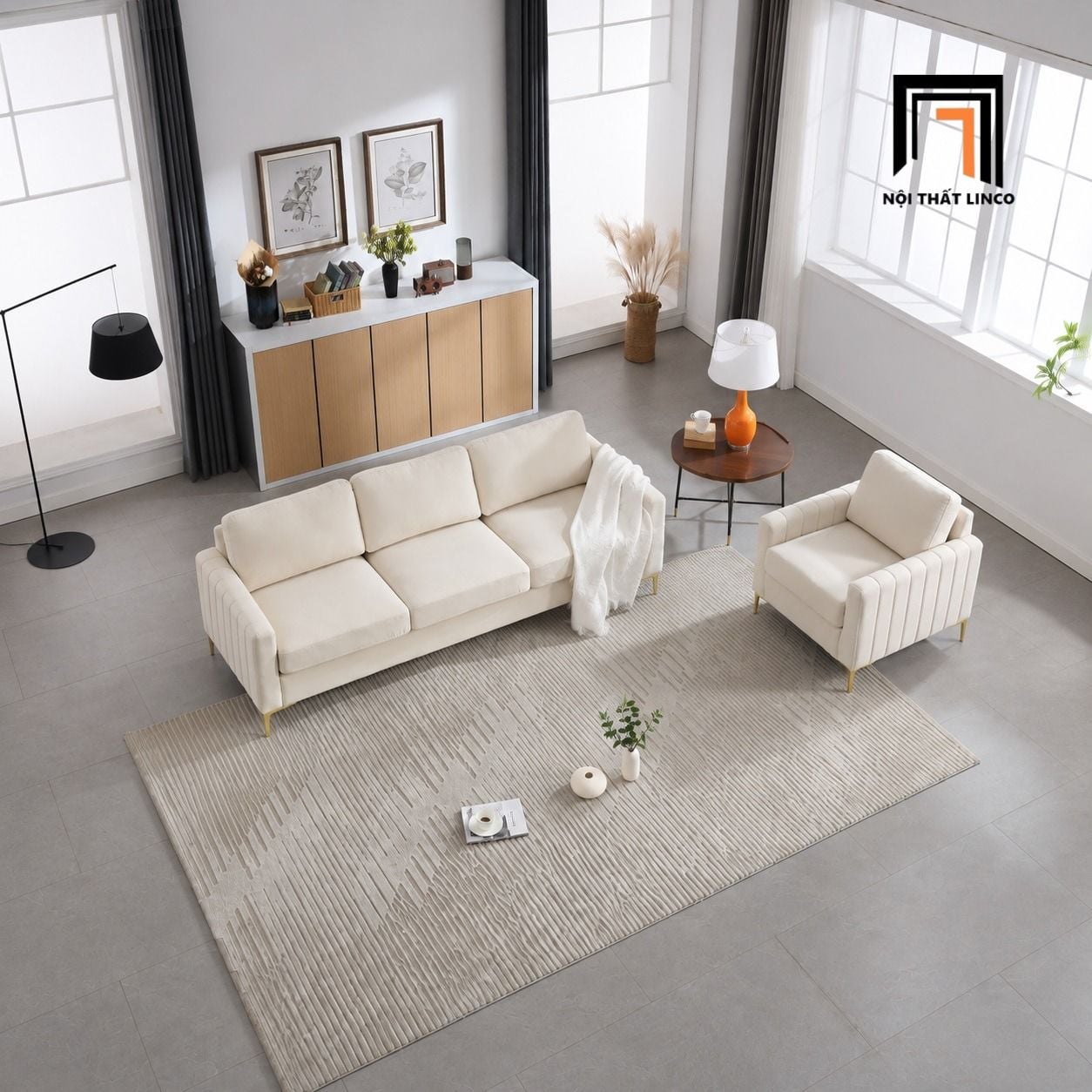  Set ghế sofa nỉ màu trắng kem KT137 Cedar kiểu dáng sang trọng 