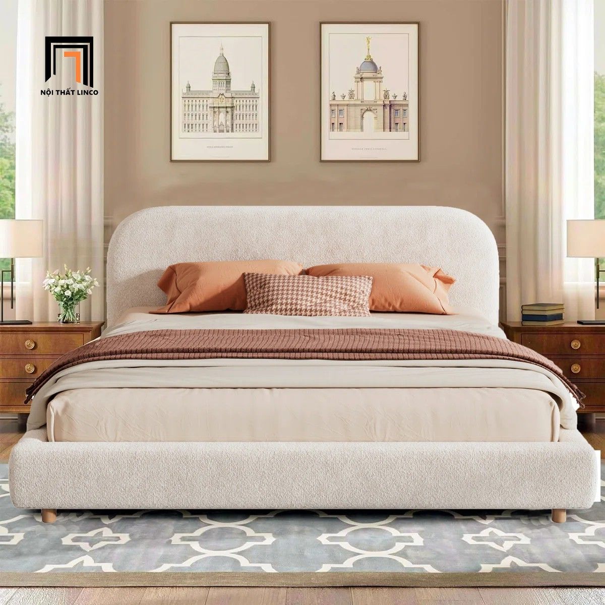  Giường ngủ bọc nệm màu be GN123 Issabell vải nhung xinh xắn 