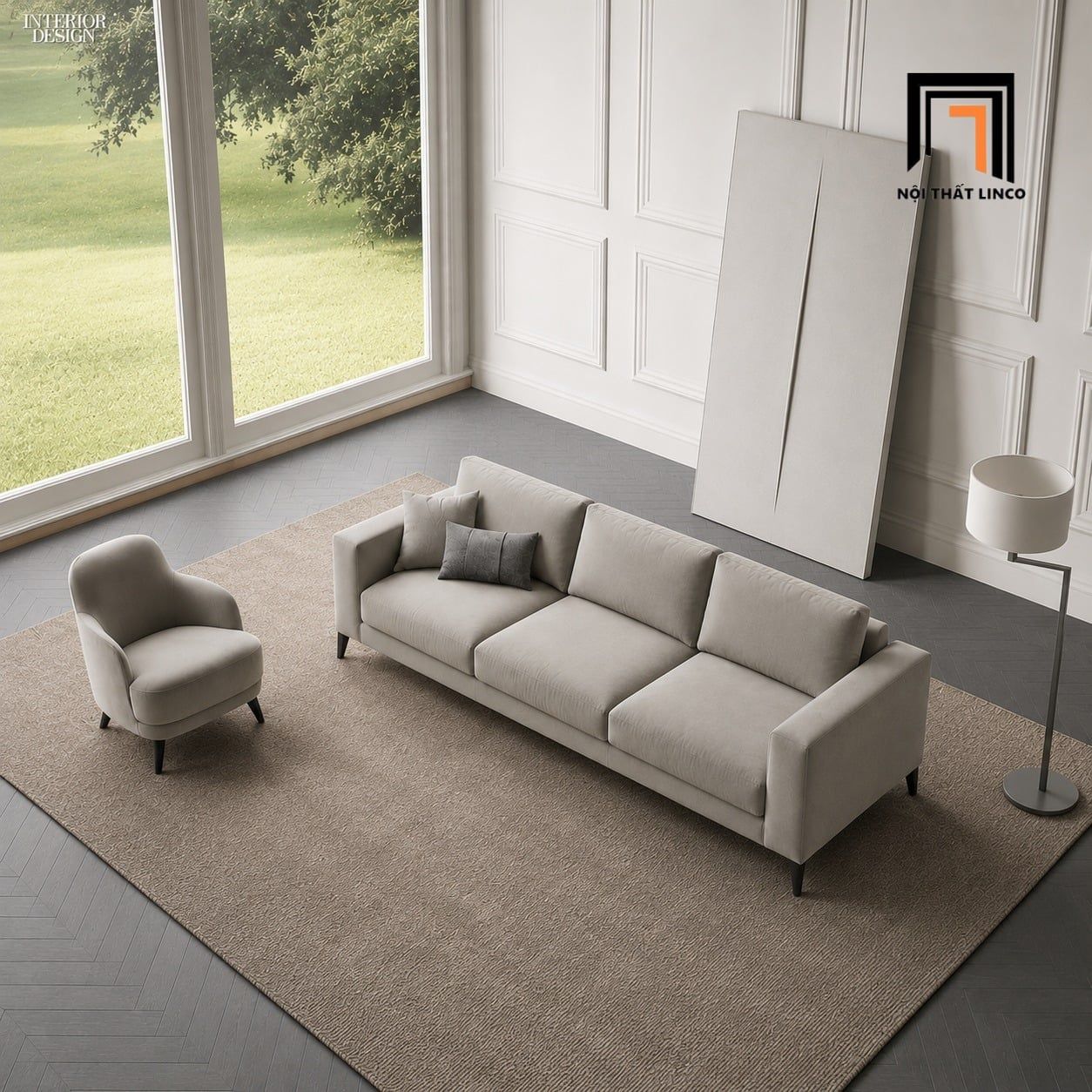  Sofa phòng khách KT28 Esher vải nỉ xám trắng hiện đại 