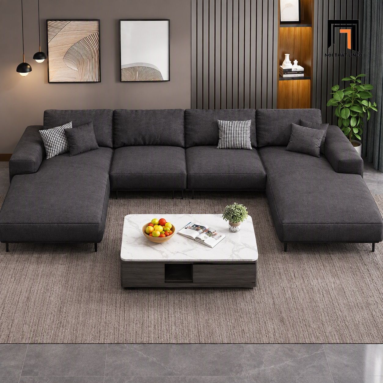  Sofa chữ U UT58 Pesca 3m bọc vải nỉ xám đen giá tốt 