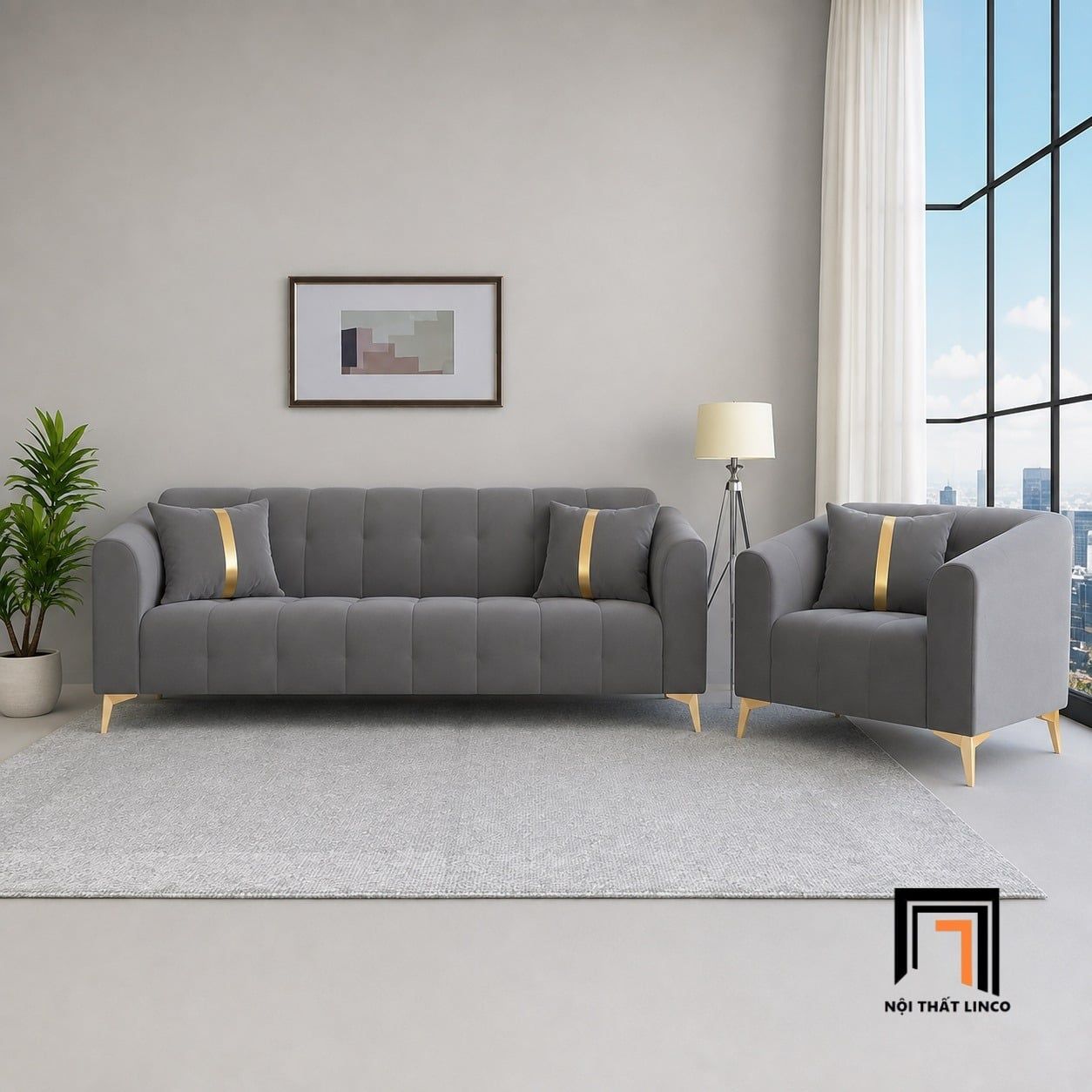  Sofa phòng khách nhỏ KT171 Birron vải nhung cao cấp 