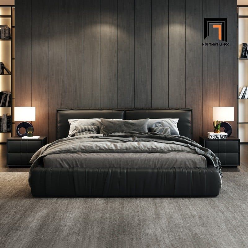  Giường ngủ bọc da Pu đen cao cấp GN101 Carley căn hộ đẹp 