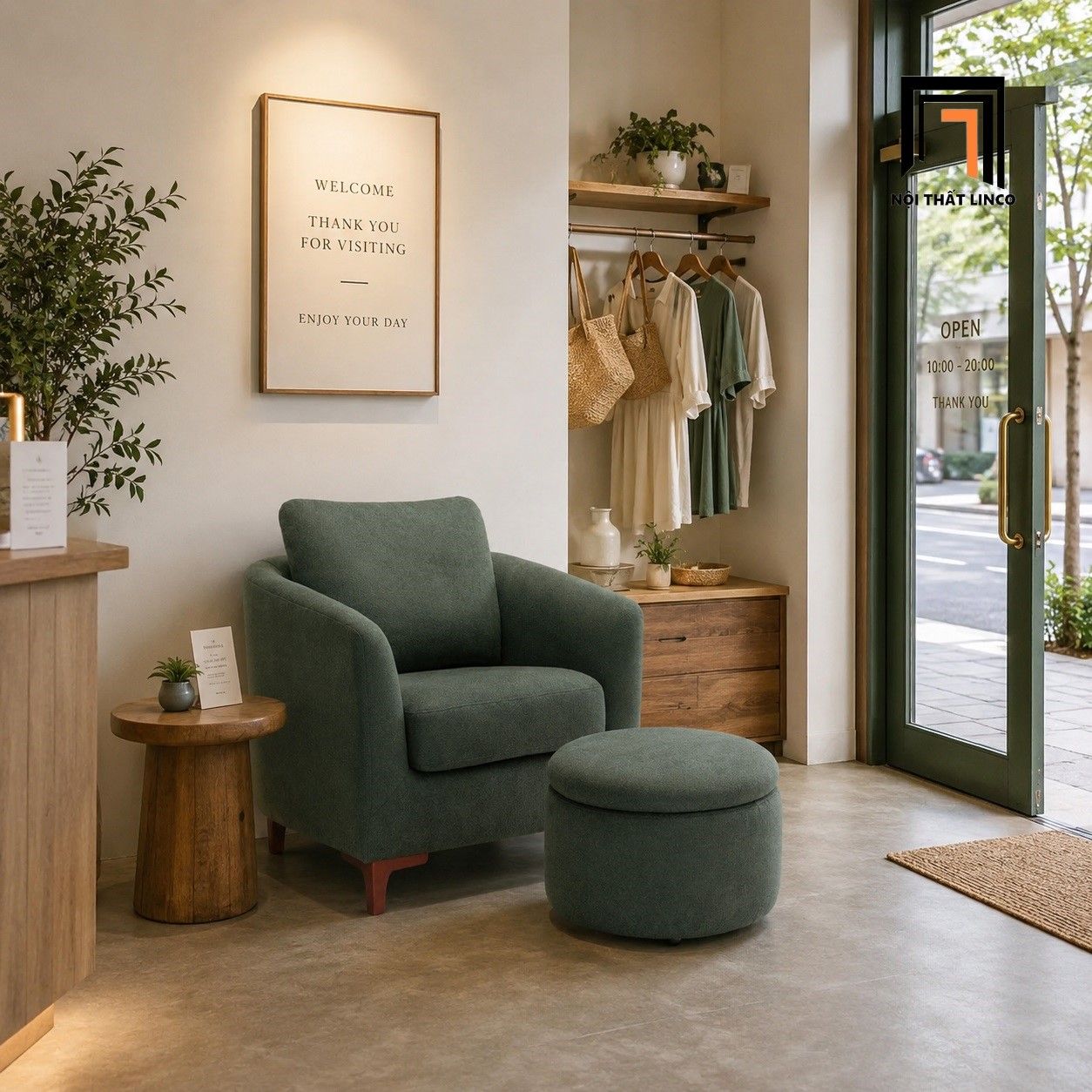  Ghế sofa đơn phòng ngủ ngồi đọc sách DT93 Amold nỉ xanh lá 