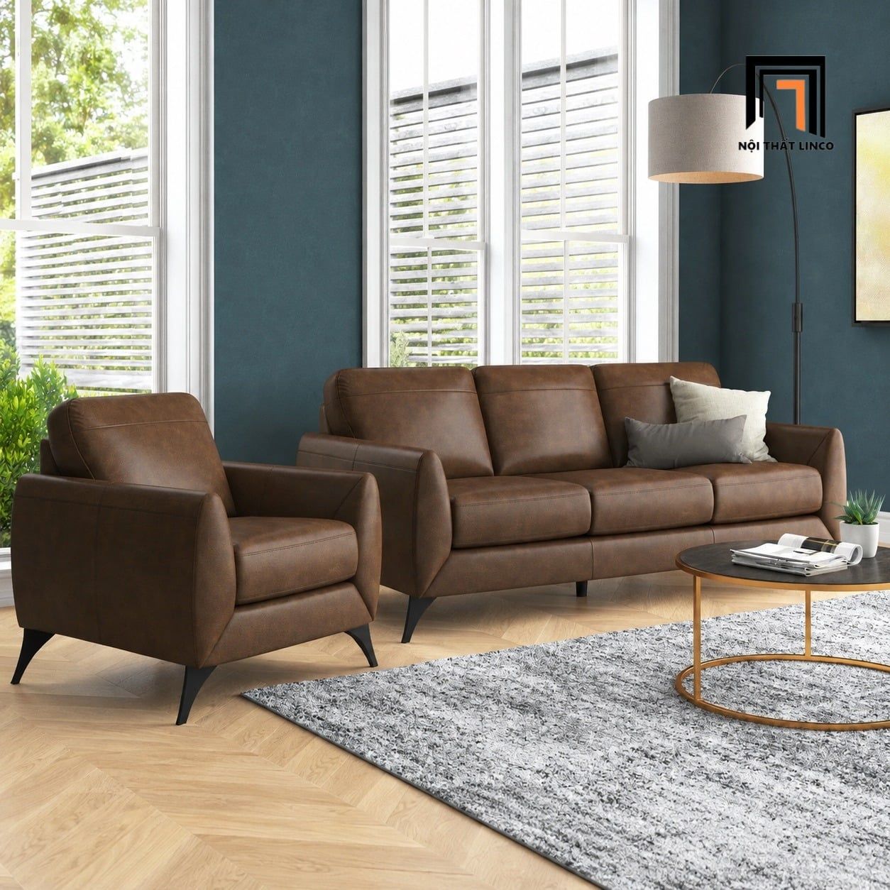  Sofa KT199 Ahmara da PU nâu phù hợp phòng khách chung cư 