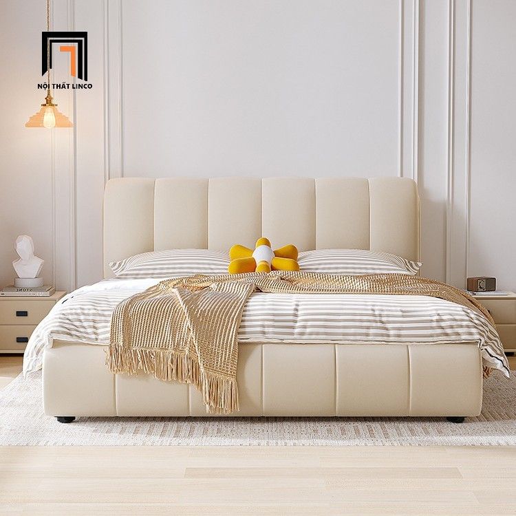  Giường ngủ bọc da sang trọng GN94 Cazavil màu be đẹp 1m6 