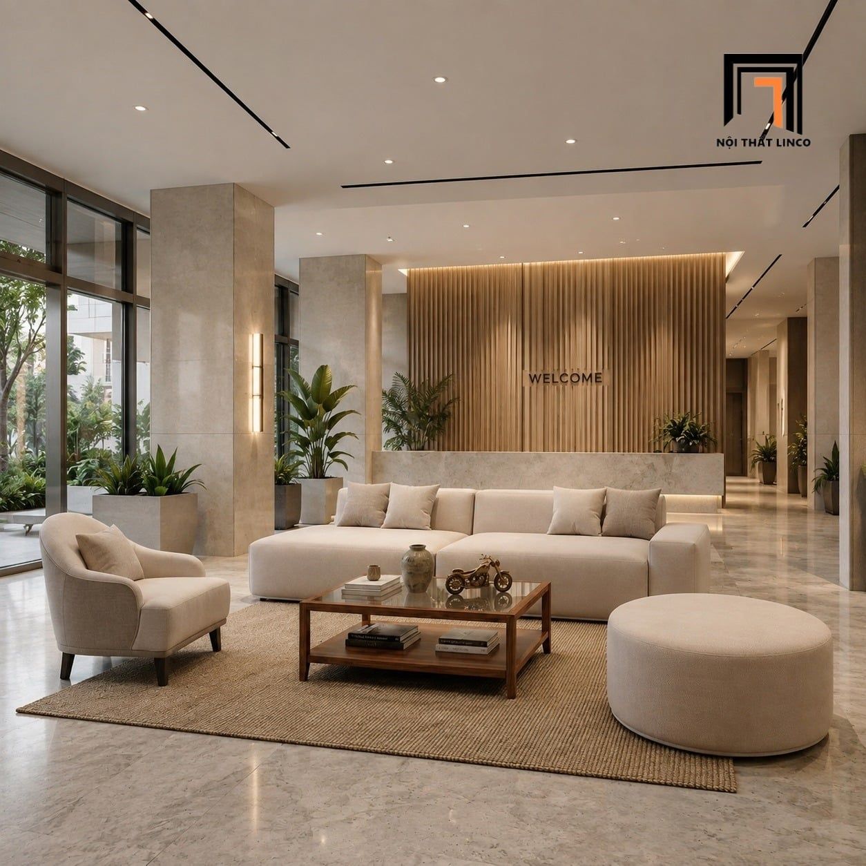  Sofa phòng khách KT160 Lorne vải xám trắng sang trọng 