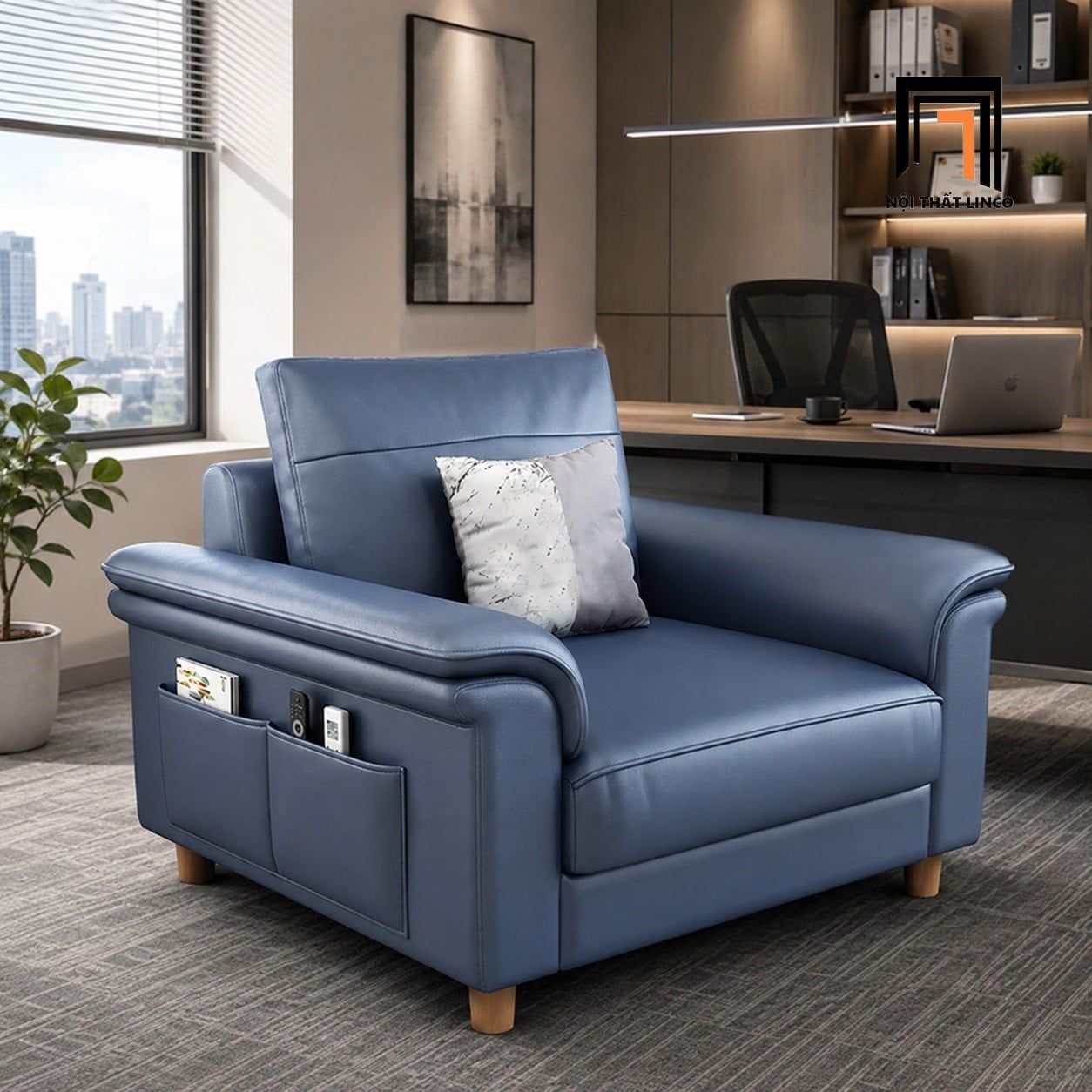  Ghế sofa đơn da Pu 1 nệm ngồi DT85 Bawati màu xanh dương 