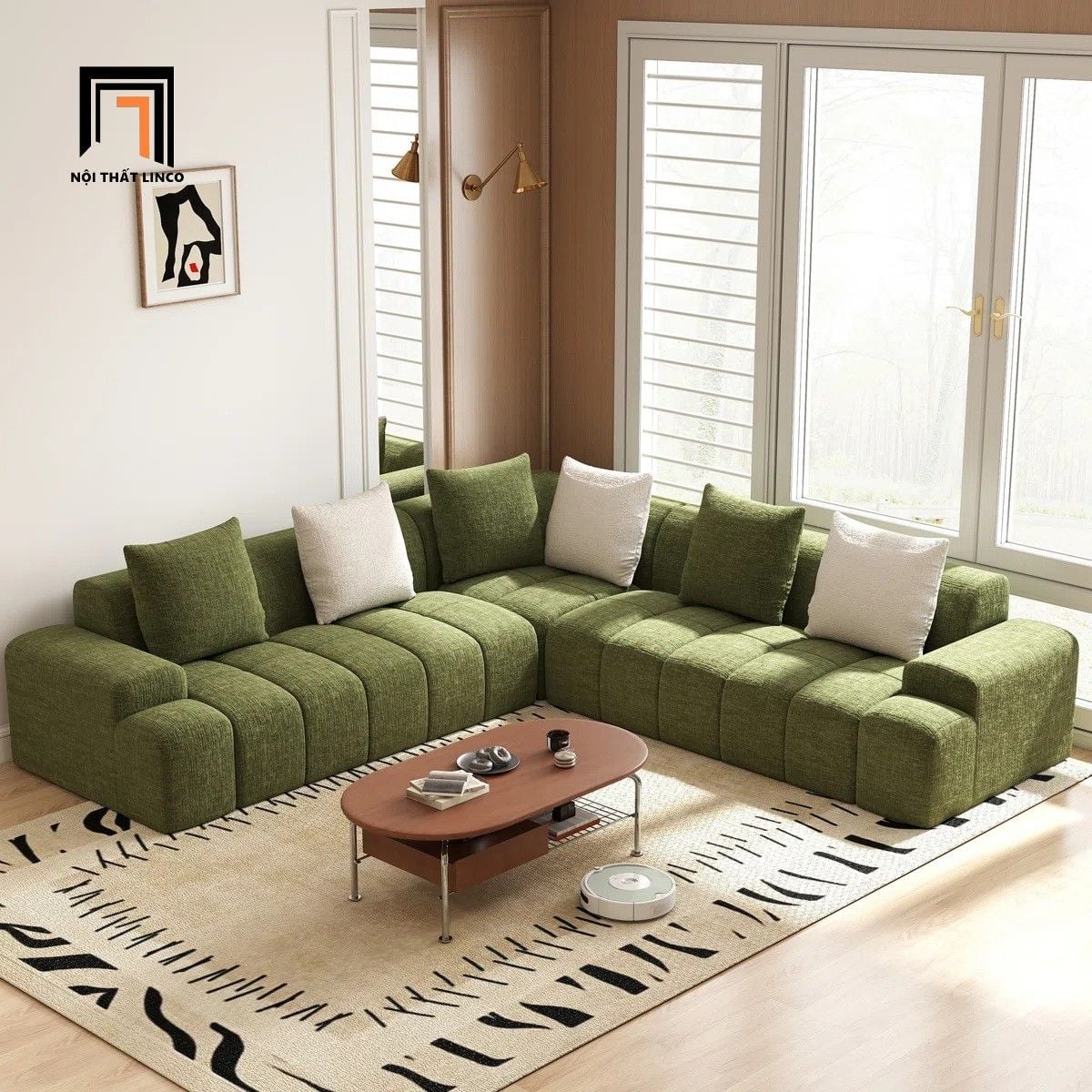  Bộ sofa góc giá rẻ 2m3 x 2m3 GT290 Bram màu xanh lá vải bố 