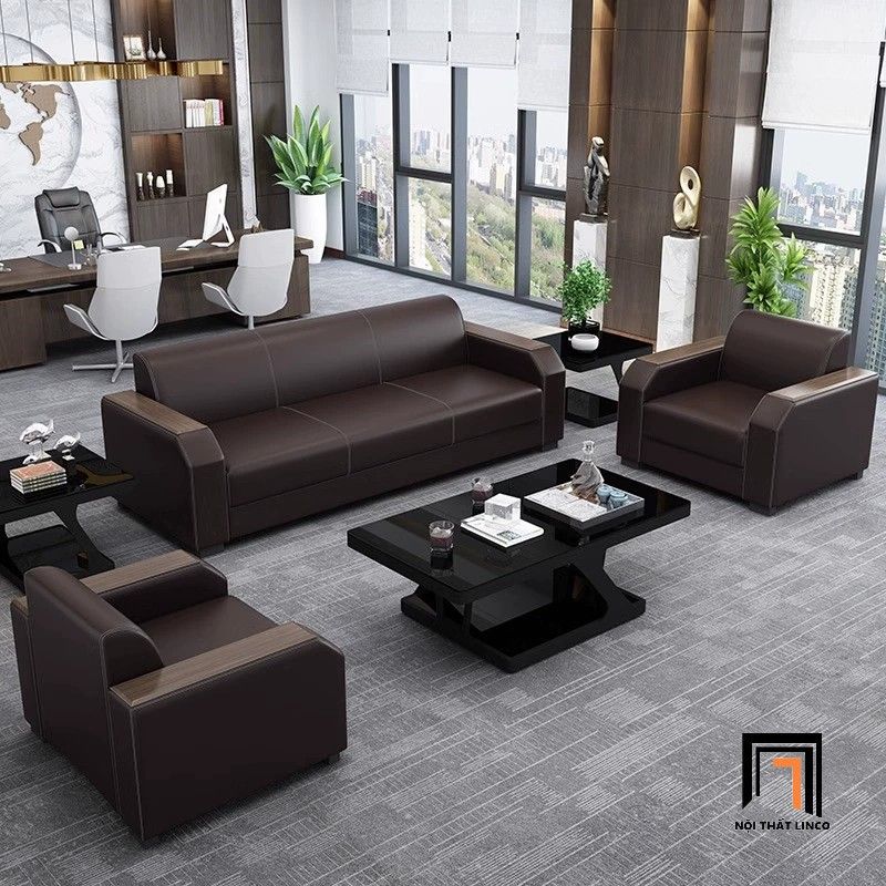  Bộ ghế sofa văn phòng tiếp khách KHQ167 Palo da Pu màu đen 