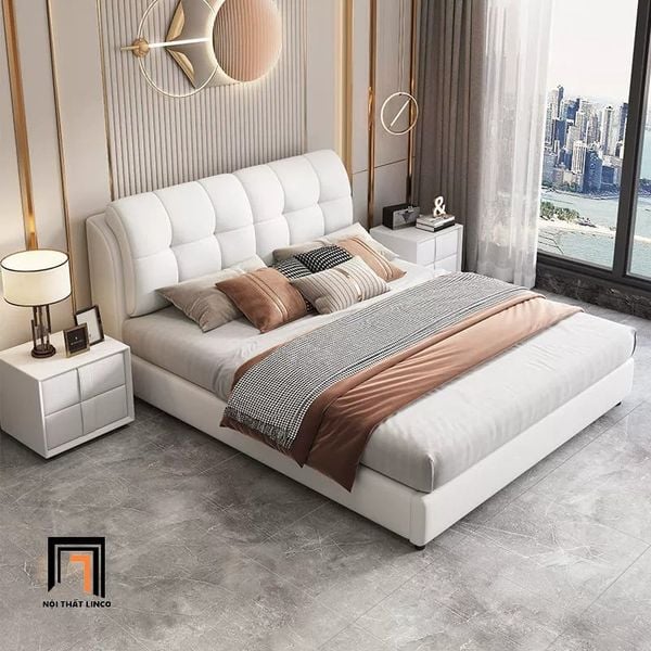 giường ngủ da pu xám trắng