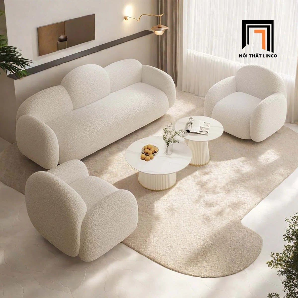  Sofa phòng khách KT87 Tormeau vải lông cừu trắng tinh tế 