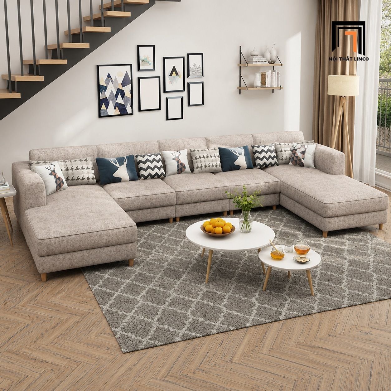  Sofa chữ U giá tốt UT65 Charles 3m3 phối màu xám trắng đẹp 