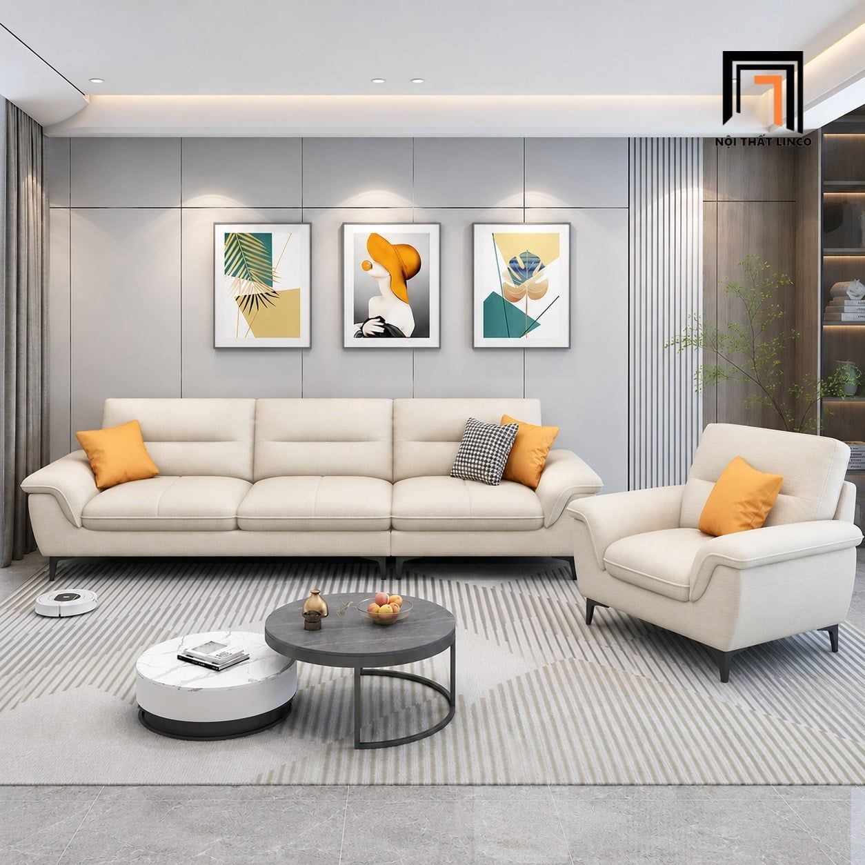  Sofa phòng khách KT174 Solyn màu trắng kem đẹp tinh tế 
