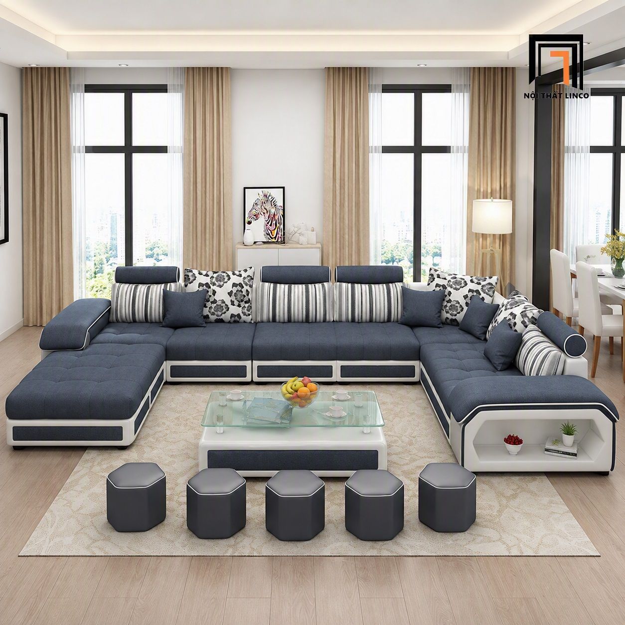  Ghế sofa chữ U UT47 Xert 3m5 bọc vải phối màu đẹp mắt 