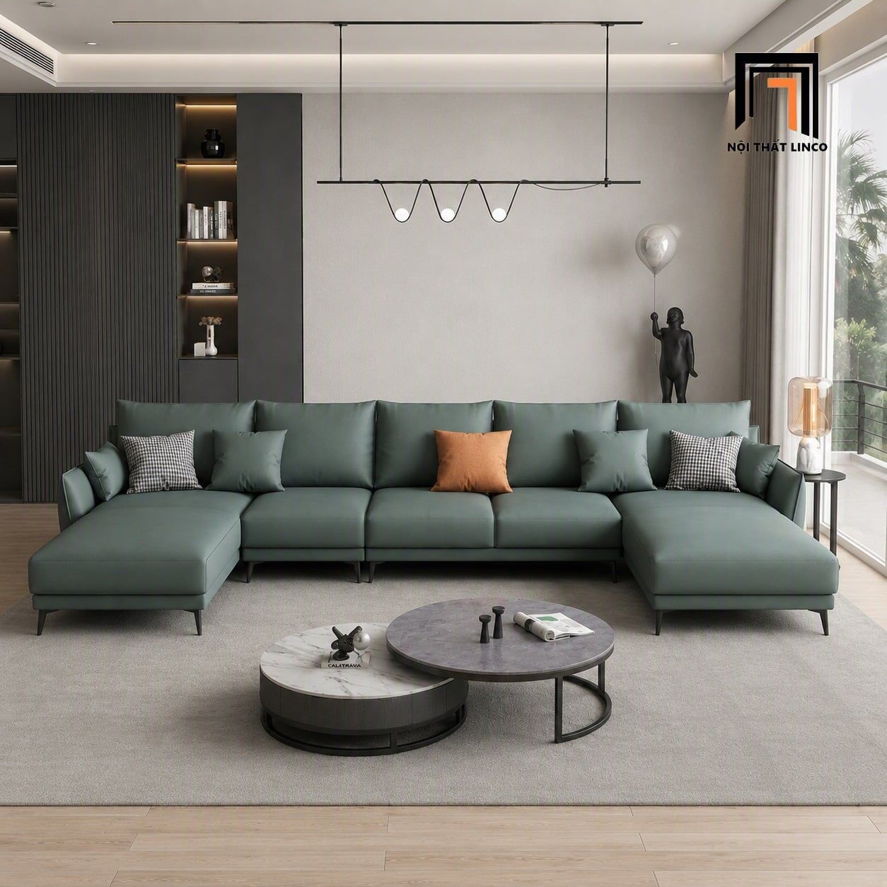  Sofa U xanh lá UT82 Noha dài 3m4 bọc da phong cách hiện đại 