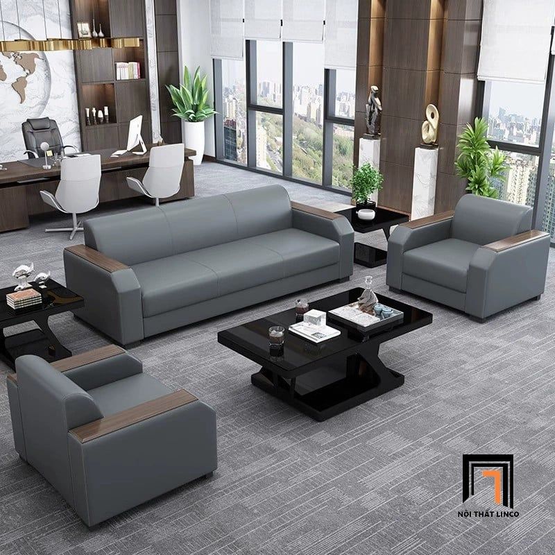  Bộ ghế sofa văn phòng tiếp khách KHQ167 Palo da Pu màu đen 