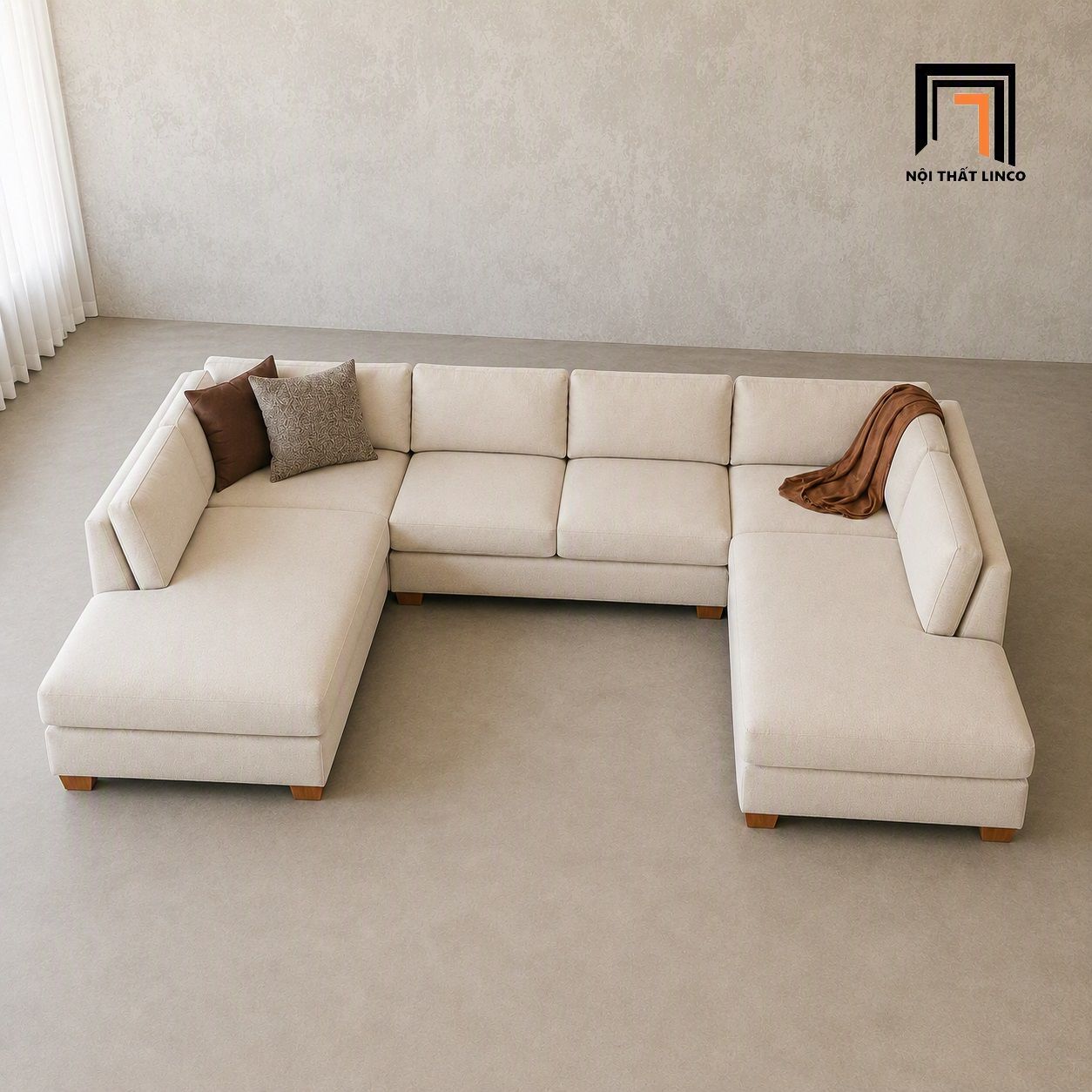  Bộ sofa U vải nỉ UT75 Tuxedo dài 3m rộng 1m9 màu be sang trọng 