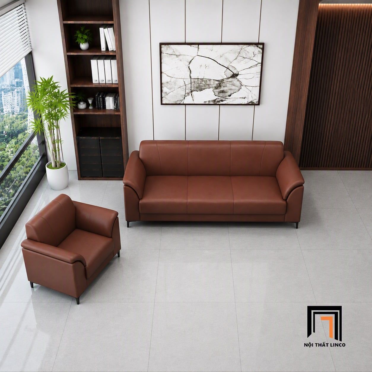  Bộ sofa KT138 Granby da nâu thiết kế thanh lịch cho công ty 