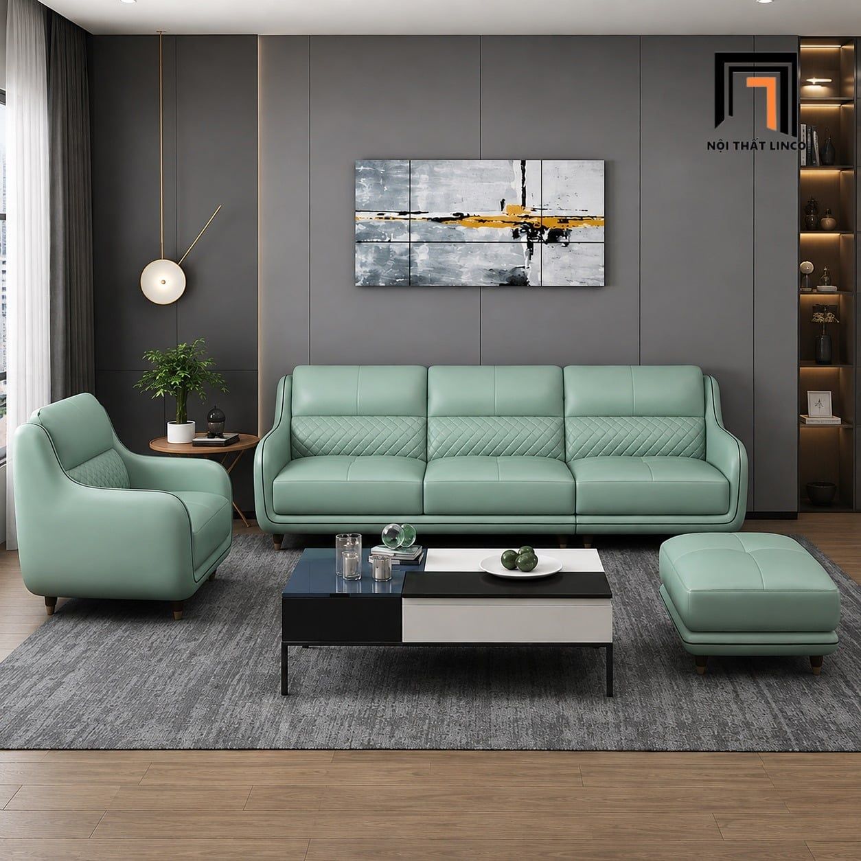  Sofa phòng khách KT66 Mannon da giả thanh lịch hiện đại 