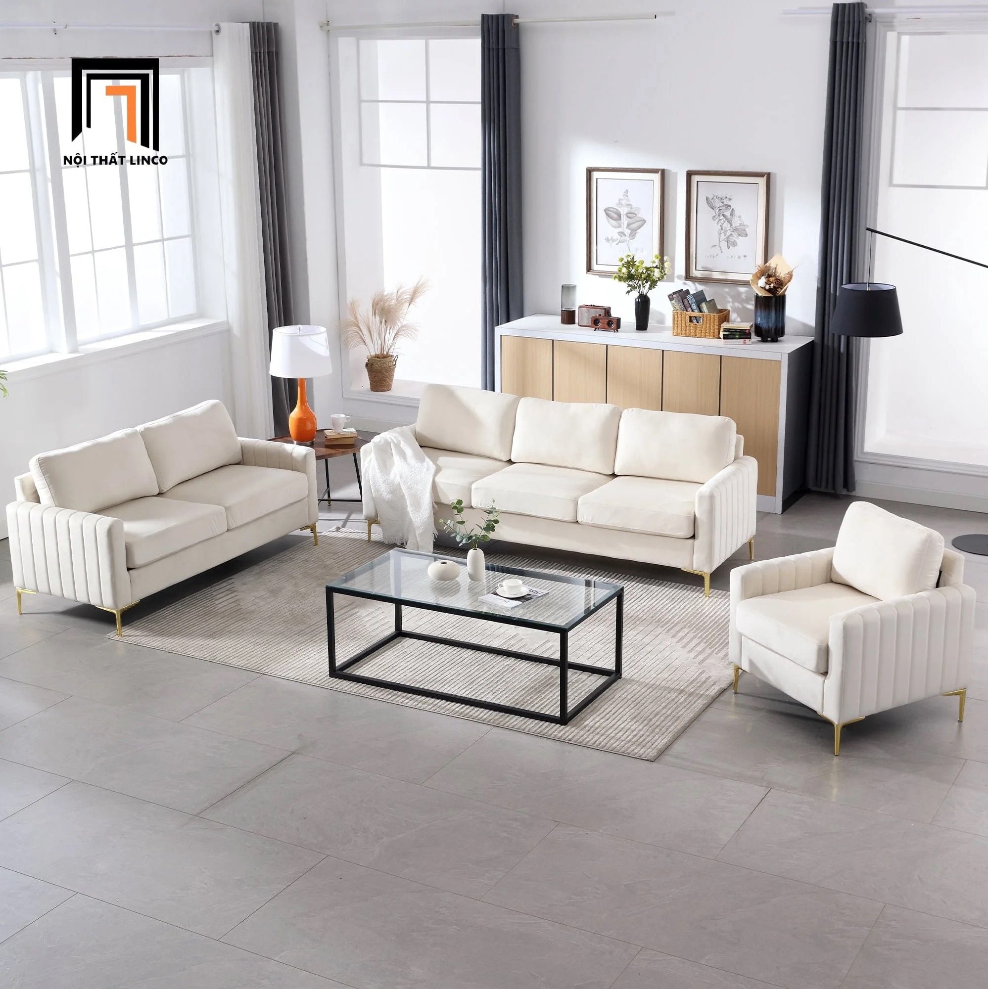  Set ghế sofa nỉ màu trắng kem KT137 Cedar kiểu dáng sang trọng 