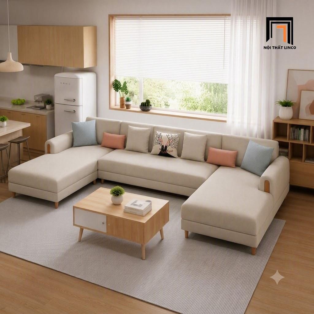  Sofa chữ U UT62 Joblin dài 3m bọc vải nỉ màu be giá tốt 