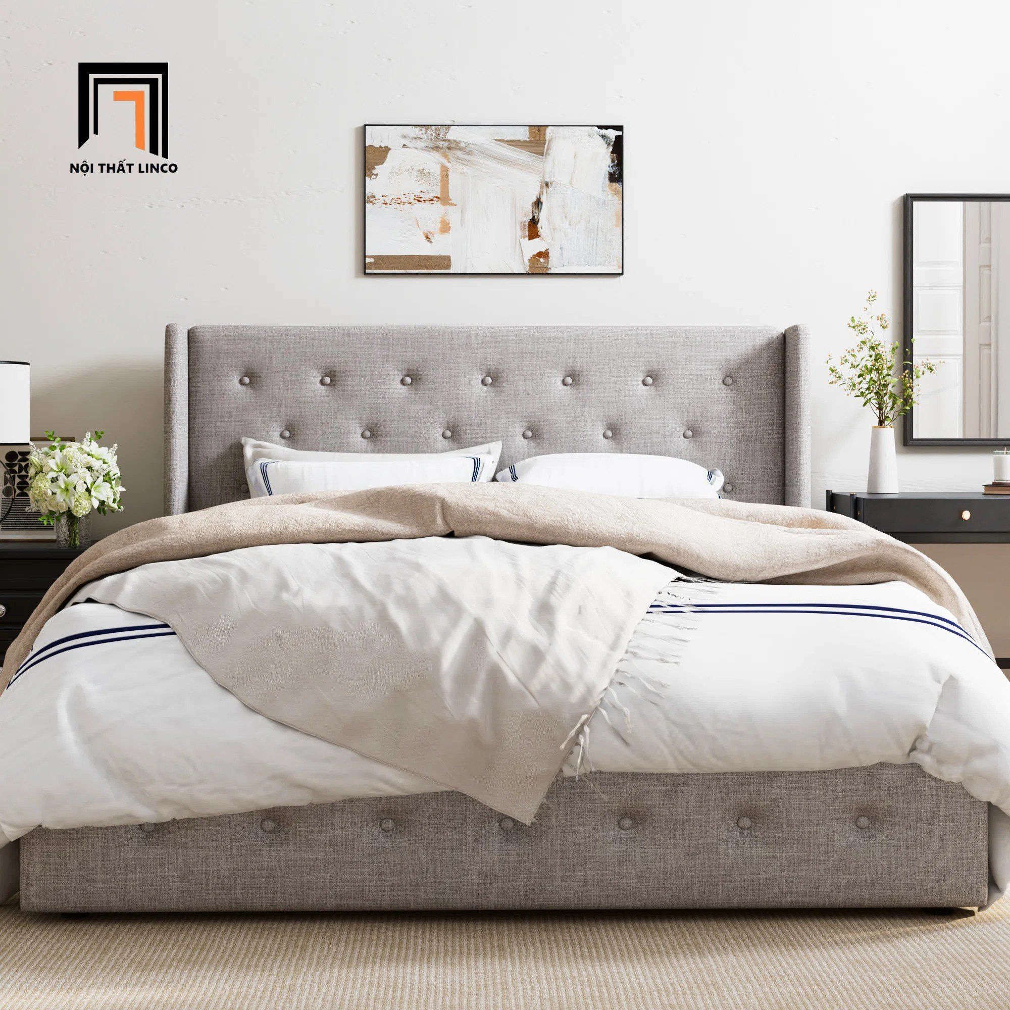  Giường ngủ vải nỉ bố GN107 Standie giật nút 1m6 x 2m gia đình 