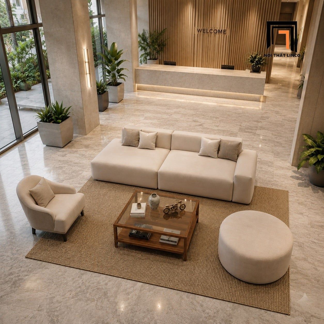  Sofa phòng khách KT160 Lorne vải xám trắng sang trọng 