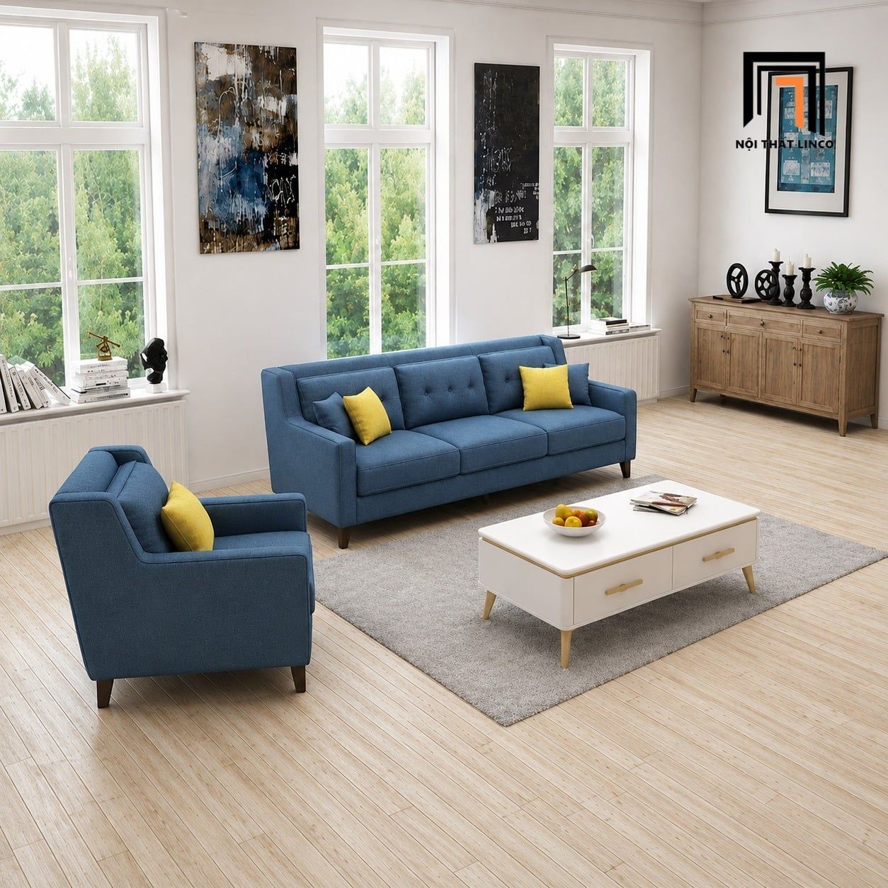  Bộ sofa KT95 Firmini màu xanh dương đẹp cho phòng khách 