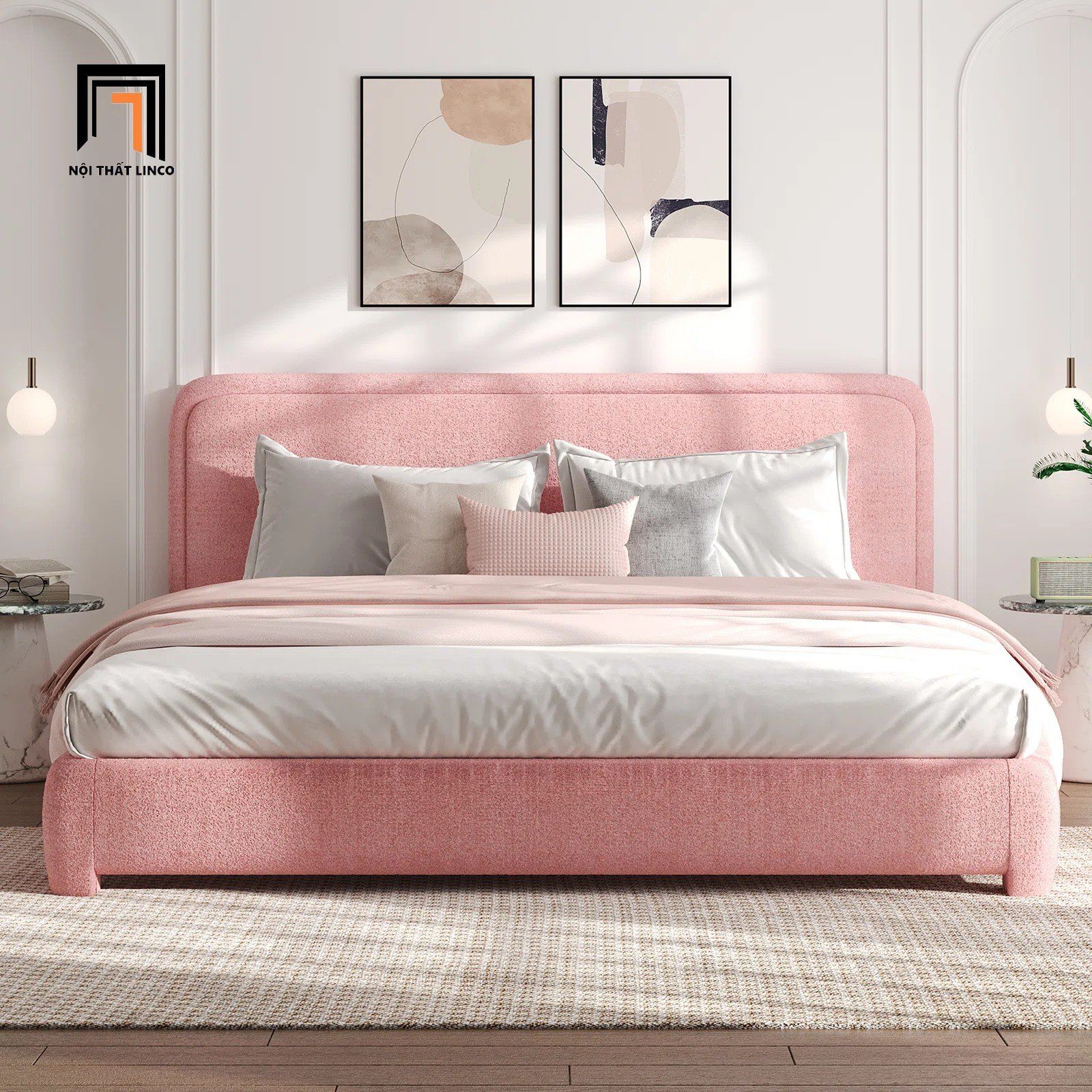  Giường ngủ vải nỉ màu hồng GN89 Mistam xinh xắn cho gia đình 