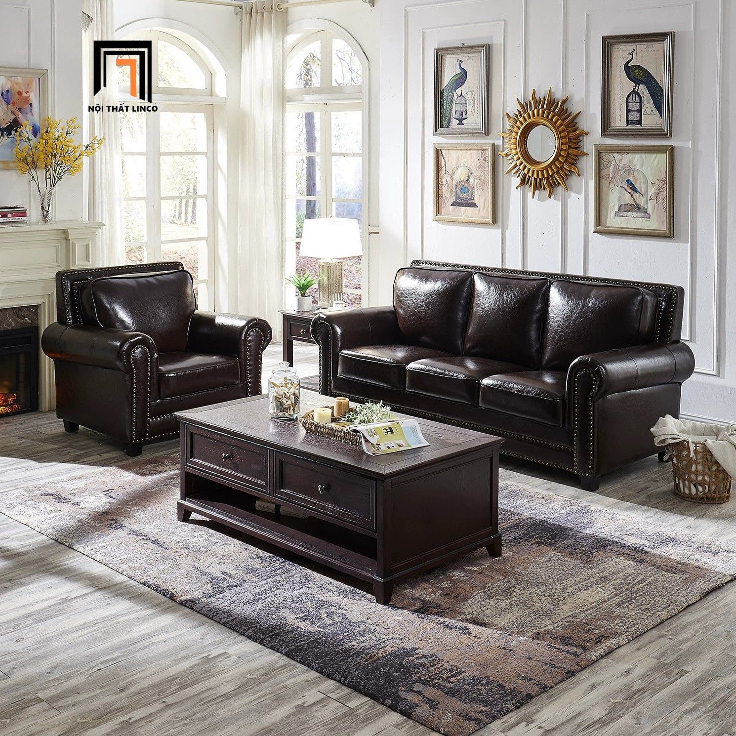  Ghế sofa băng da màu nâu đậm BHQ47 Clyro 2m1 tân cổ điển 