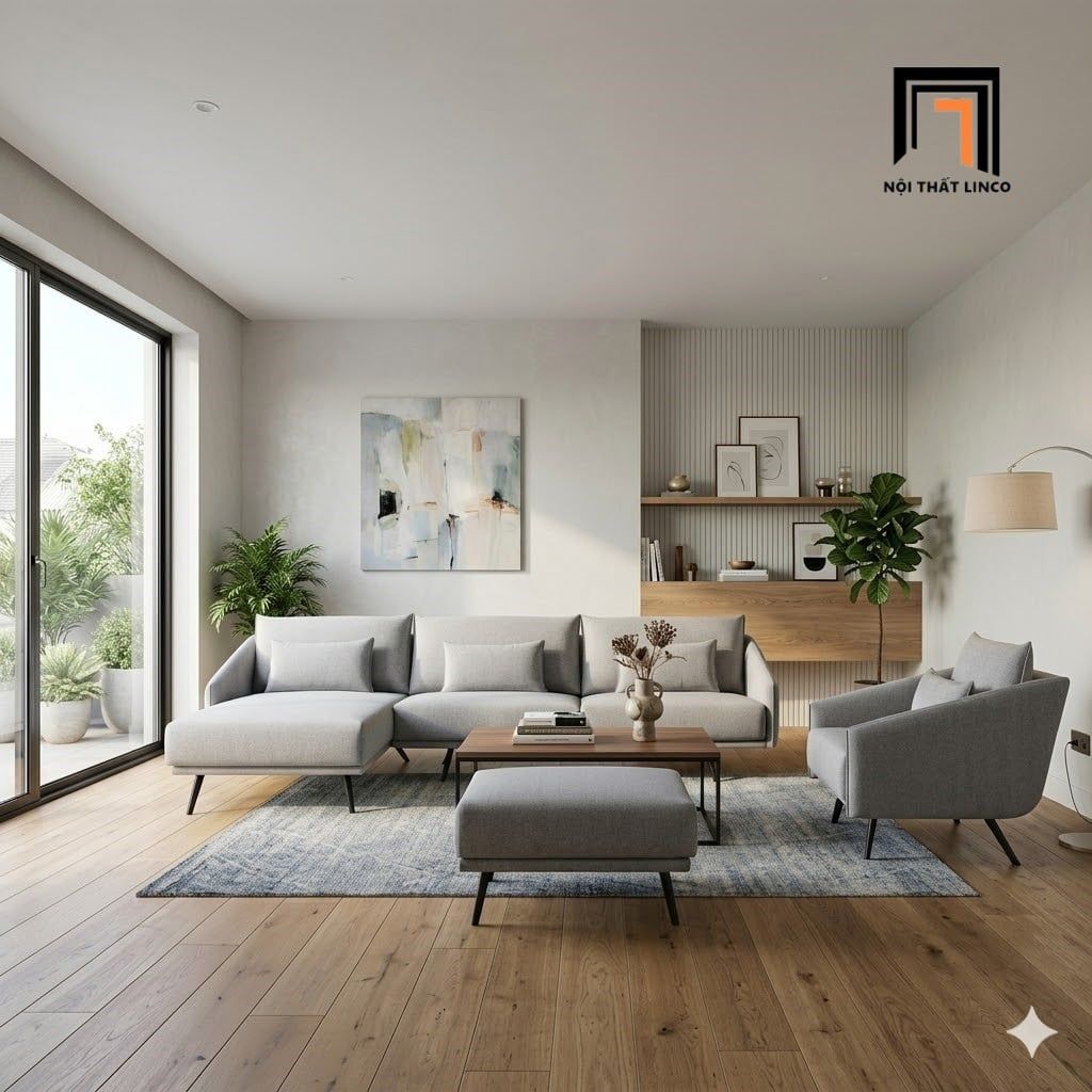  Sofa phòng khách KT156 Convey vải nỉ xám trắng sang trọng 