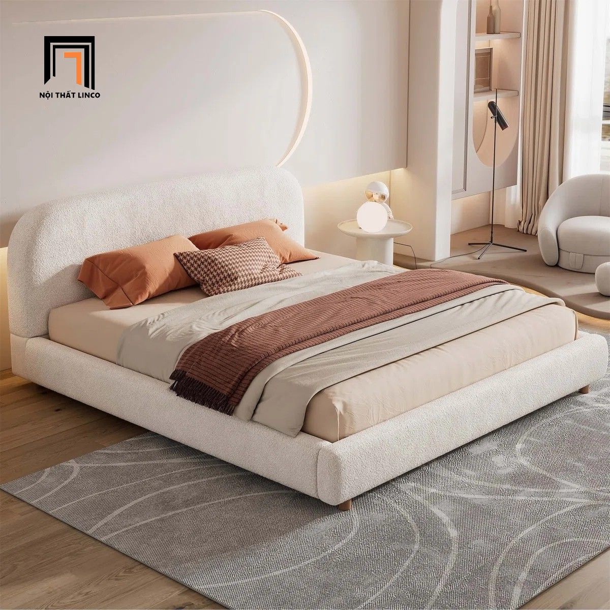  Giường ngủ bọc nệm màu be GN123 Issabell vải nhung xinh xắn 