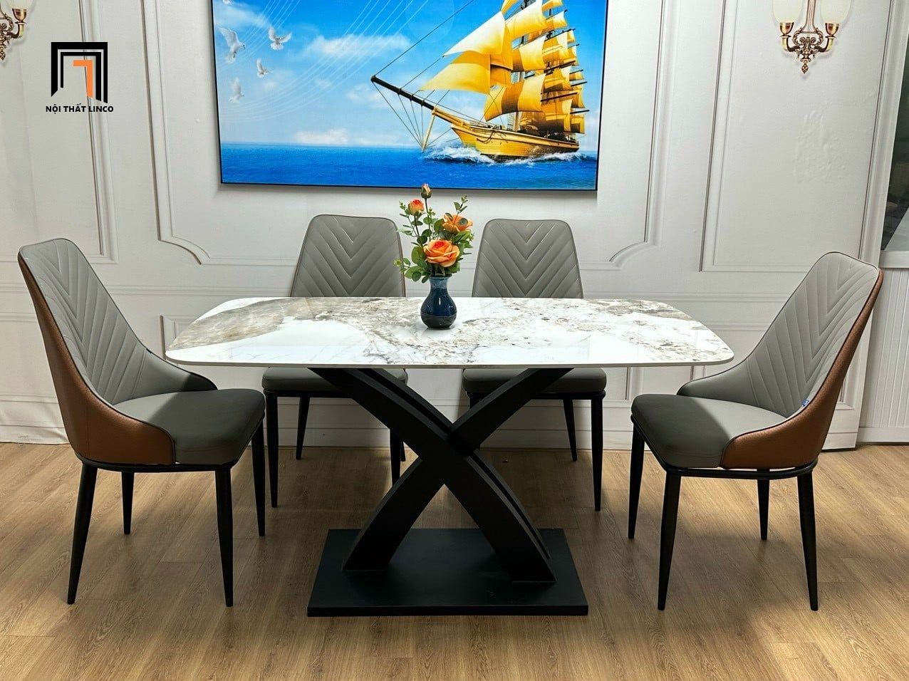  Set bàn ăn 4 chỗ ngồi 19-BAD4-Blacan mặt đá ceramic đẹp 