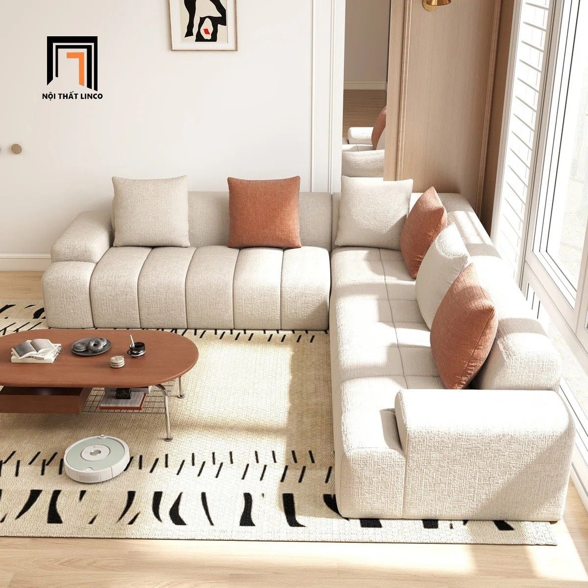  Bộ sofa góc giá rẻ 2m3 x 2m3 GT290 Bram màu xanh lá vải bố 